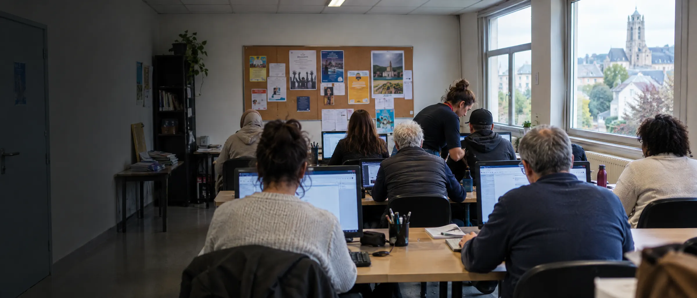 Une salle informatique d'association, des habitants de tous âges devant les ordinateurs