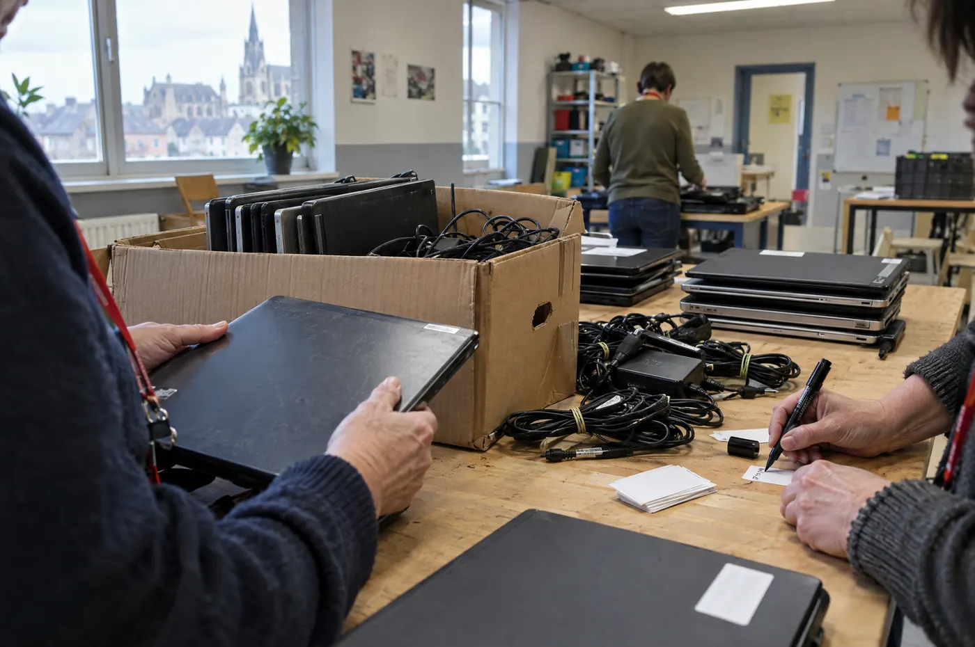 Tri d'ordinateurs portables donnés avant leur reconditionnement